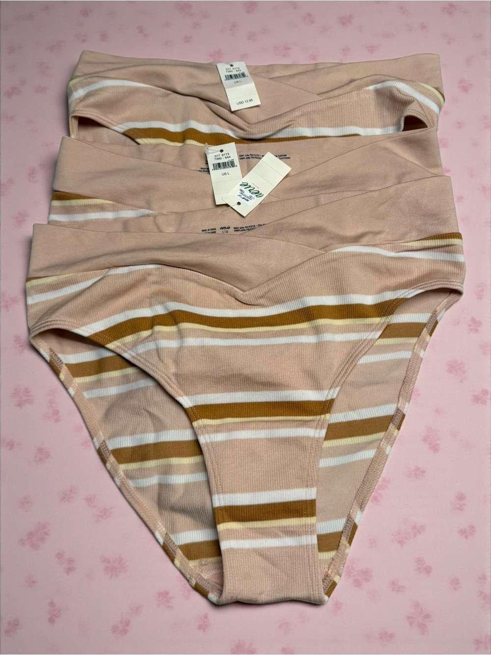 aerie Striped High-Cut Bikini Panties in Blush, White & Mustard